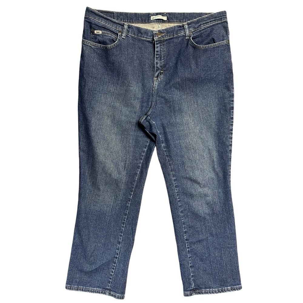 Lee Relaxed Straight Leg At Waist Stretch Jeans Women Petite 18W Dark Wash Denim
